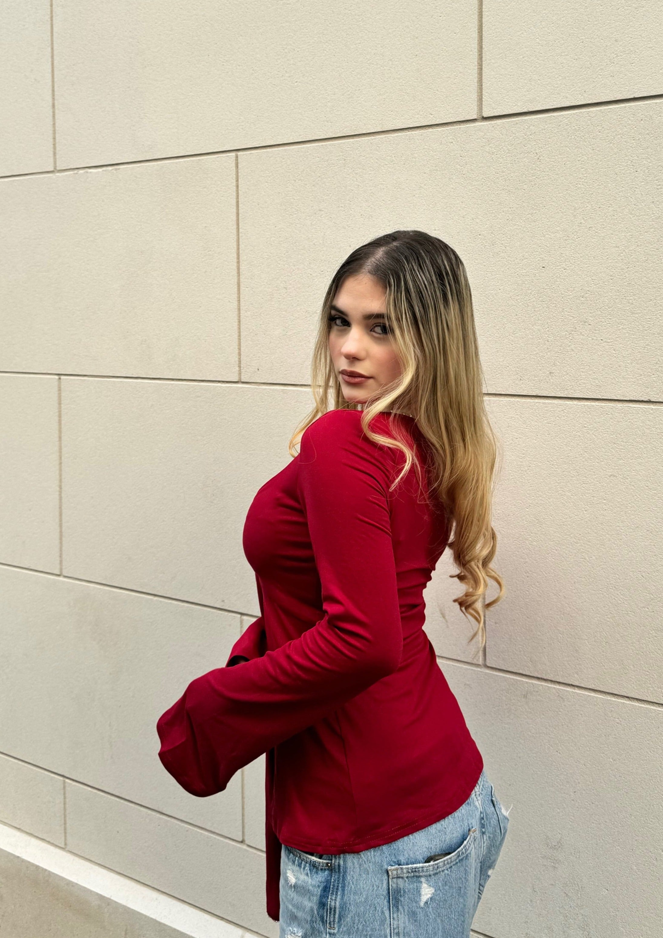 Estella Tie Front Long Sleeve Top - Wine Red