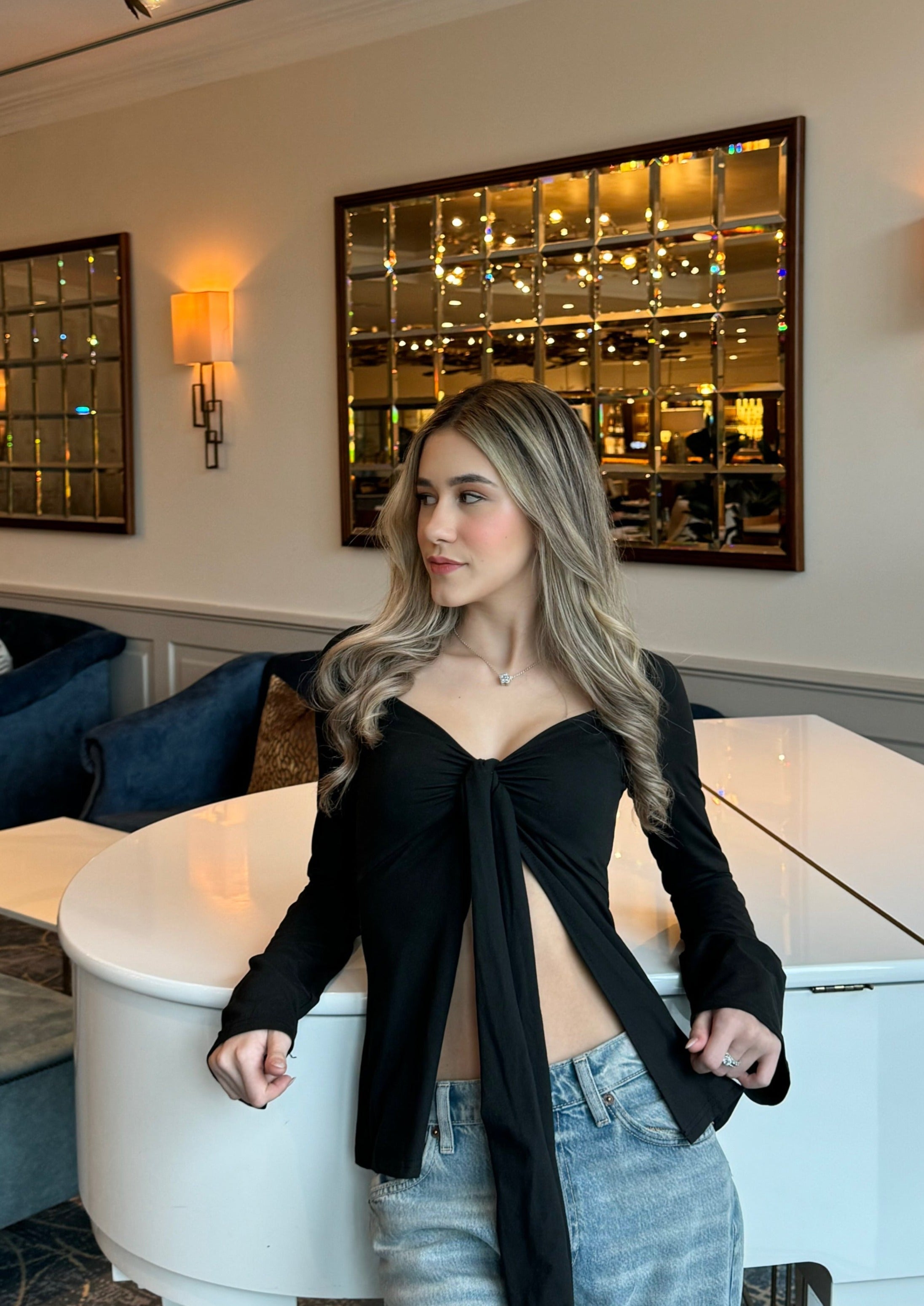 Estella Tie Front Long Sleeve Top - Black