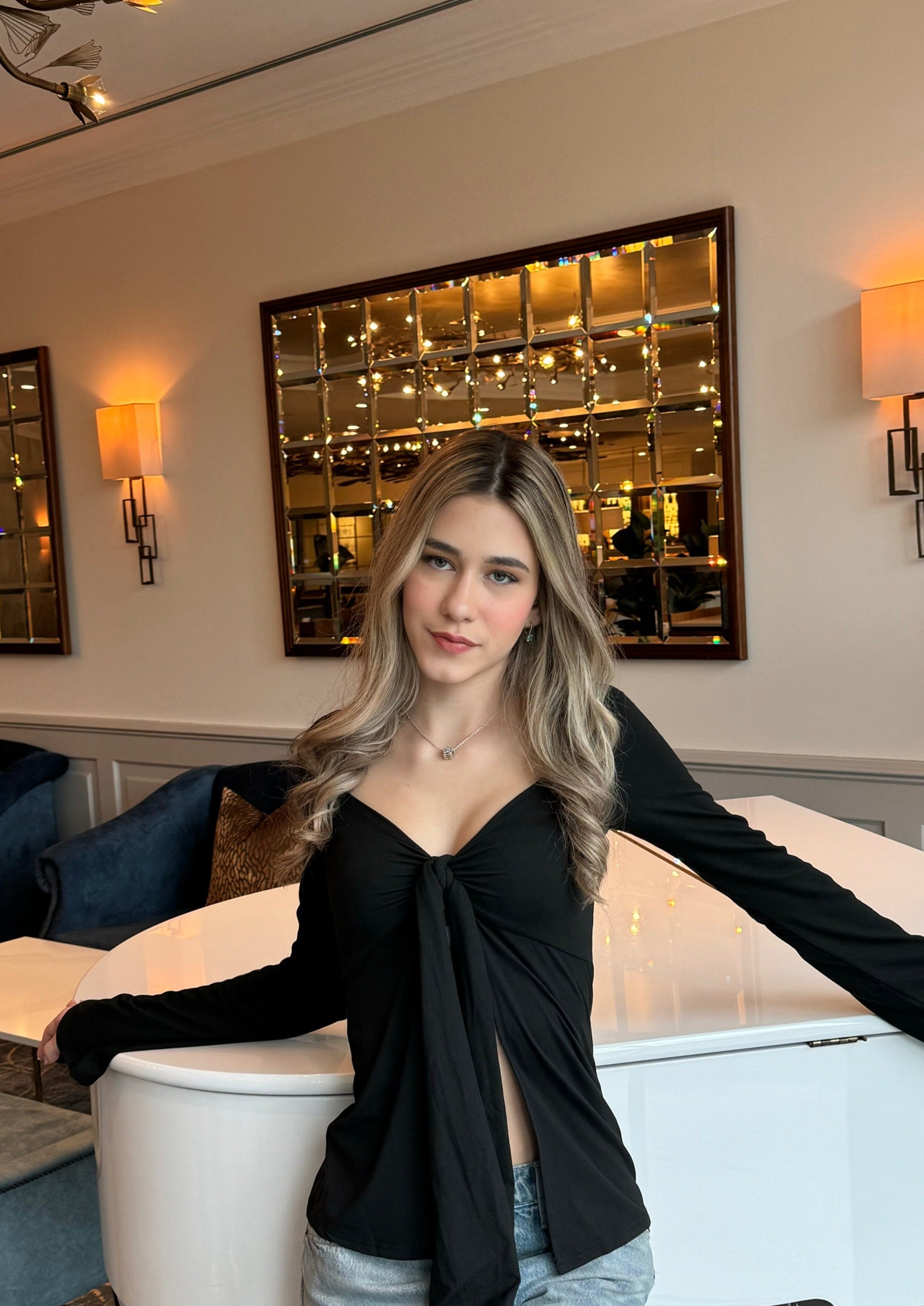 Estella Tie Front Long Sleeve Top - Black